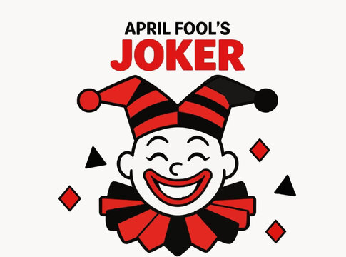 Playing card joker character in modern vector style, mischievous smile, bold red and black color scheme, April Fool's Day theme, geometric shapes, flat design, high contrast