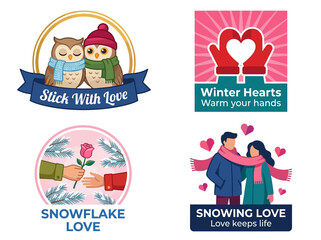 Fototapeta premium Set of Winter Love and Romance Illustrations with Owls, Mittens, and Couples for Valentine's Day