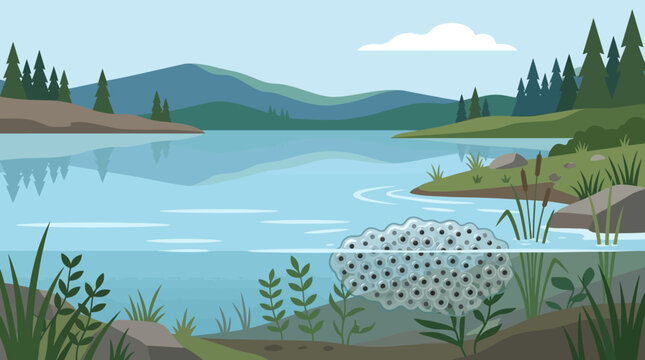 Underwater view of frog spawn eggs floating in clear lake water surrounded by aquatic plants and mountains in a flat vector illustration