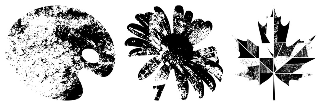 Distressed black and white vector painter&rsquo;s palette, dandelion flower, maple leaf, textured halftone style, graphic design elements.