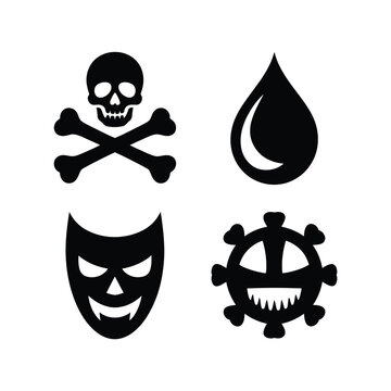 Skull crossbones icons set, blood drop drama mask hazard symbol, halloween horror elements, silhouette vector, poster logo design, festival graphics