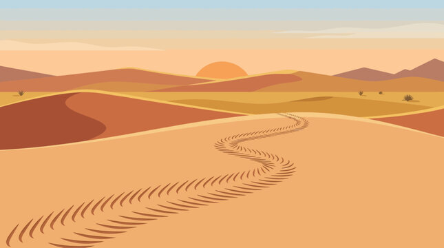 Winding tire tracks across vast golden sand dunes in desert landscape under warm sunset sky vector illustration background