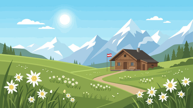 Wooden cabin in alpine meadow with edelweiss flowers and snowy mountain range in flat vector landscape illustration for travel