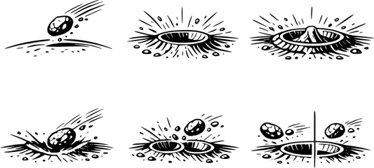 Asteroid Impact and Crater Formation Black and White Vector Icon Set © danny
