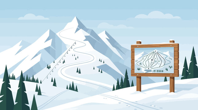 Ski resort mountain trail map signpost with winding snowy slopes and chairlift in background vector illustration for tourism