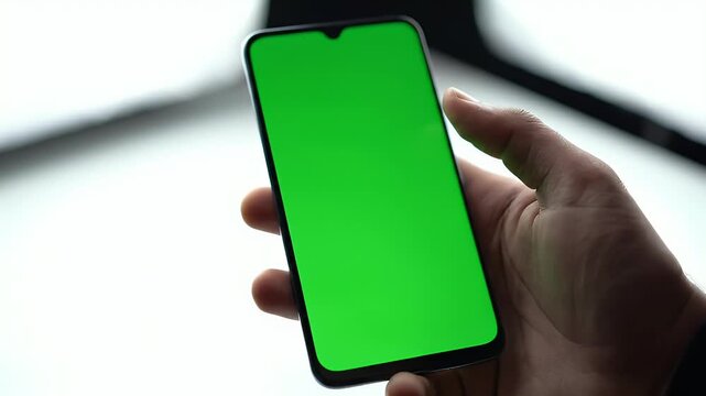 A hand holds a modern smartphone displaying a vibrant green screen.