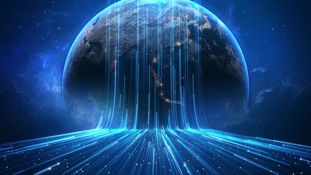 Cyber Futuristic Worldwide Business Global 3D World trade map of 5G smart deep tech space AI big data fintech web3 blockchain crypto money internet of things IOT. Speed online news Earth Security 4K