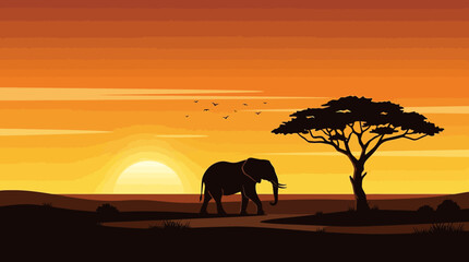 Fototapeta premium Majestic elephant silhouette walking in African wilderness during vibrant orange sunset with acacia tree vector flat design graphic