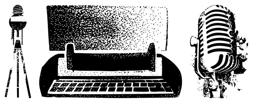 Classic typewriter with keyboard and carriage, flanked by vintage microphones, halftone texture, retro newsroom equipment, old school tools.