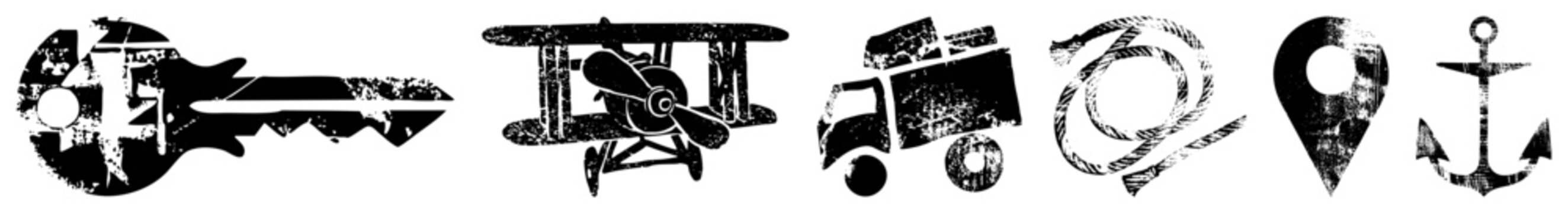Vintage distressed including key, biplane, garbage truck, rope, map pin, anchor. vector symbols with worn texture, ideal for apps or UI design.
