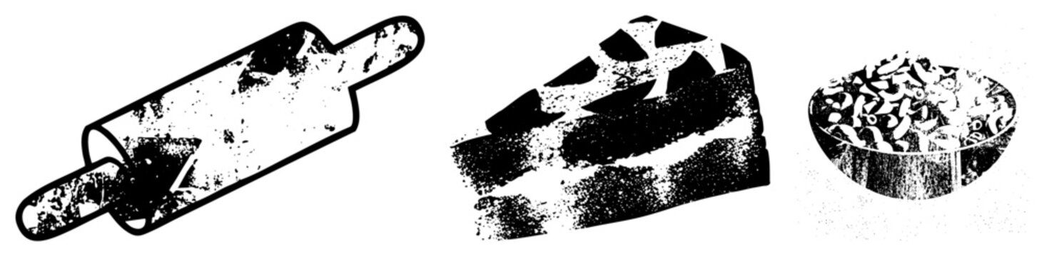 Classic baking tools and food items rendered in halftone texture, rustic kitchen utensils, culinary ingredients, vector illustration, food art, kitchenware set, isolated food graphics.