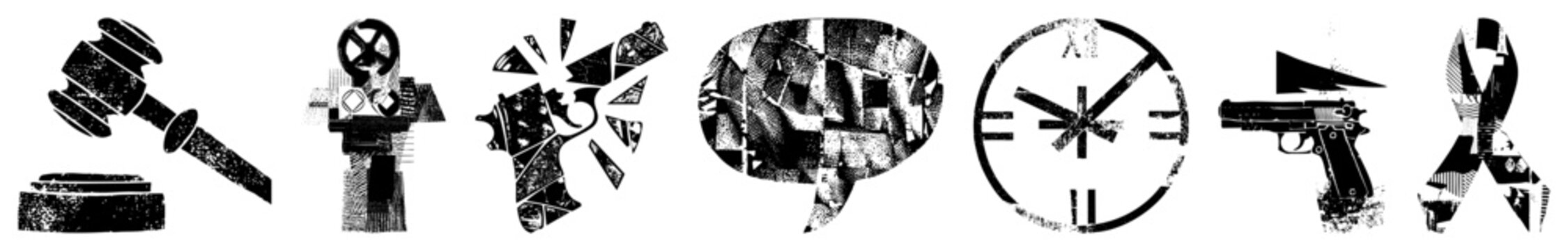 Gavel, gas mask, shattered head, speech bubble, analog clock, handgun, ribbon all rendered in halftone vector art, textured and stylized, isolated symbols for design or use.