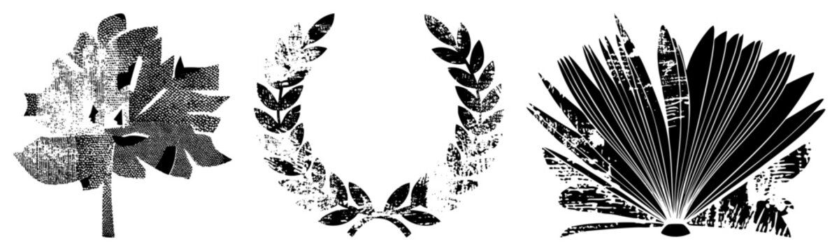 Stylized black vector halftone leaf, laurel wreath, open book. Gritty texture. Ideal for academic, classical, design. Also laurel leaf, open volume, laurel crown.
