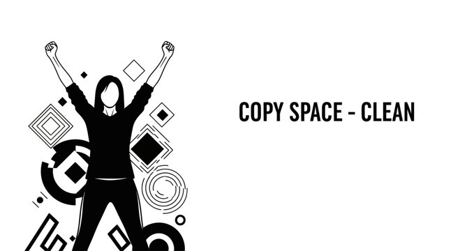Silhouette of a happy person with arms raised surrounded by geometric shapes.