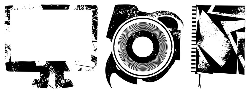 Grunge style digital camera lens, computer monitor, spiral notebook,, rough texture, vector symbols, creative tools.