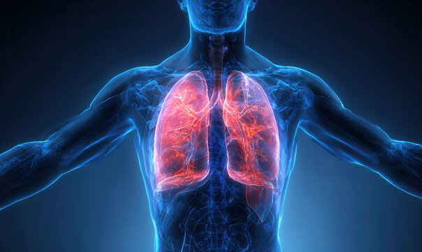 3D model of human respiratory system showing lungs clearly in a scientific visual
