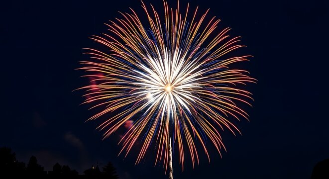 Firework exploding in night sky with orange and white streaks