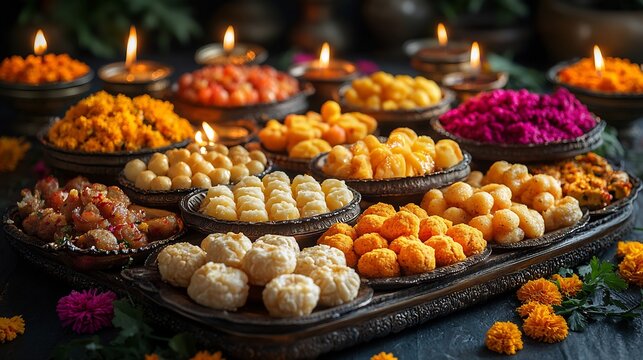 Vibrant spread of Diwali sweets like ladoos jalebis and barfis on a decorative tray with lit diyas marigold flowers and festive rangoli in the background