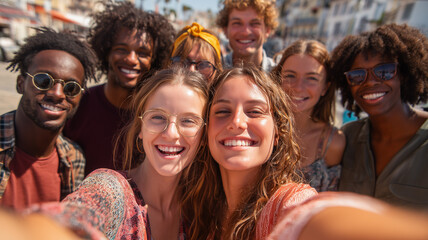 Fototapeta premium Multicultural group of young adults taking a selfie together outdoors, joyful expressions, bright daylight. Ai generated