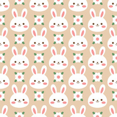 Fototapeta premium Cute cartoon bunny faces seamless pattern with flowers, kawaii background