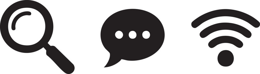 Fototapeta premium Black icons, communication symbols, search, chat, wifi, vector graphics