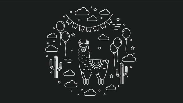 Line art illustration features a cute llama surrounded by cacti and party balloons inside a circular layout on a dark background.