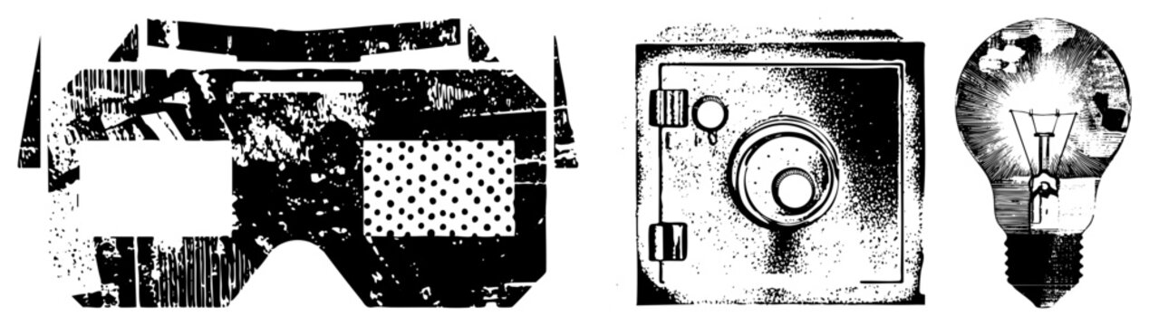 Retro style safety goggles with textured, classic safe with combination lock, glowing incandescent bulb, all in halftone vector style.