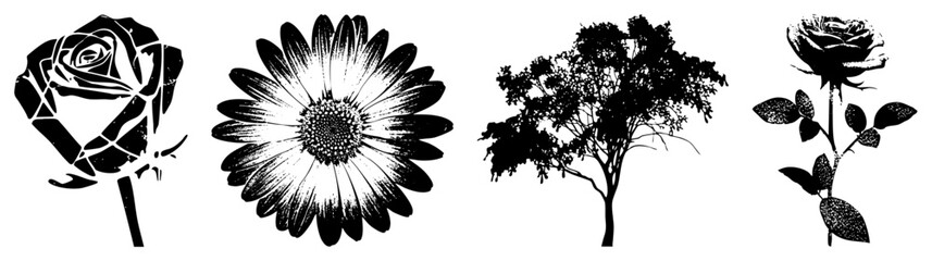 Obraz premium Black and white vector illustrations of rose, daisy, and tree silhouettes, stylized with halftone textures and clean, ideal for graphic design, print, or digital.