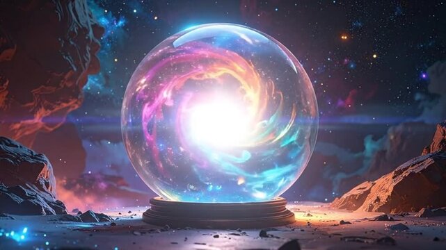A mesmerizing crystal ball displaying a vibrant, swirling against a cosmic background.