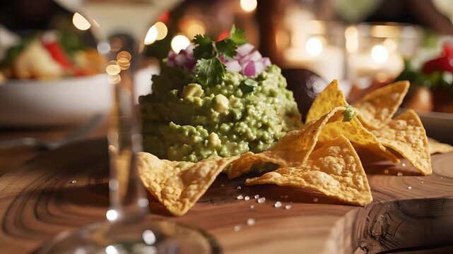 Guacamole artesanal con chips de tortilla en tabla de madera, cena festiva mexicana con luces bokeh. Ideal para men&uacute;s de restaurantes, marketing del Cinco de Mayo y snacks.
