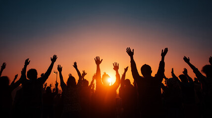 Fototapeta premium Silhouette of people raising hands together at sunset, symbol of hope, peace, and global humanitarian awareness, cinematic lighting. Ai generated