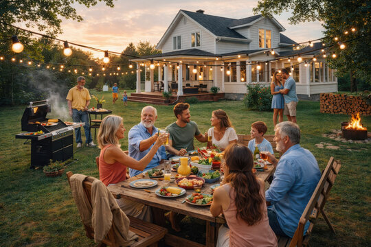 Multi-generational family having a backyard dinner party with grilled food and string lights