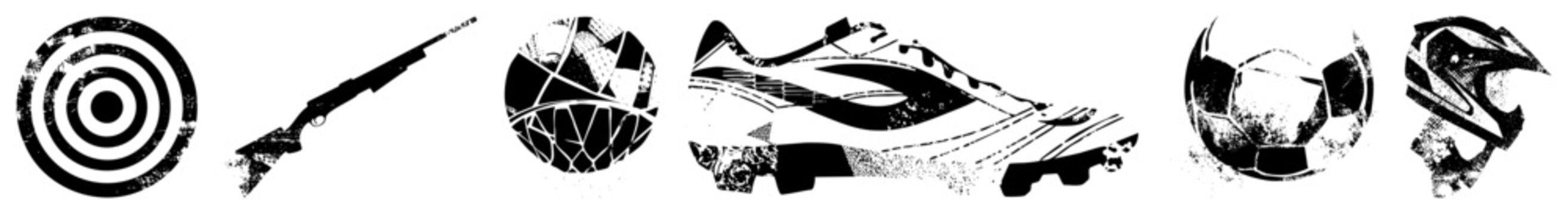 Distressed black and white vector shooting target, shotgun, basketball, soccer cleat, soccer ball, motorcycle helmet gritty, textured, isolated foreground elements.