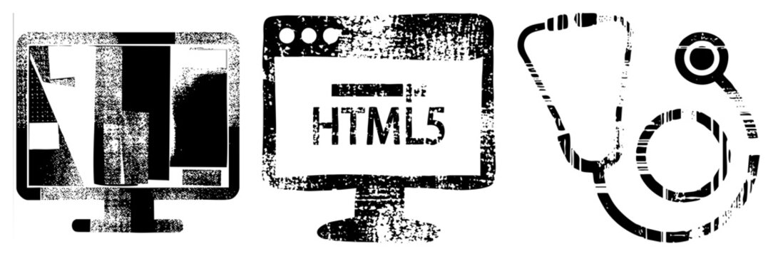 Digital web development symbols with medical, halftone texture, tech graphics, vector, isolated elements, tools, health tech fusion.