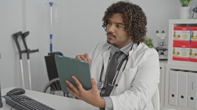 Man doctor holds tablet, raises hand and reviews patient notes at desk during teleconsultation in building clinic; focused care.