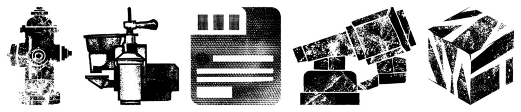 Textured black vector fire hydrant, coffee grinder, document, shattered blocks, 3D cube. Urban, industrial, gritty style with halftone texture.