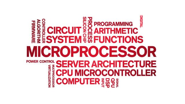 Microprocessor animated word cloud-text design animation tag kinetic typography seamless loop.