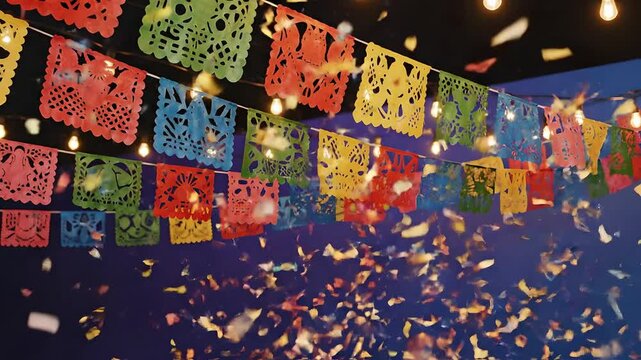 Papel picado mexicano y luces de feria con explosi&oacute;n de confeti multicolor sobre fondo azul. Decoraci&oacute;n festiva para Cinco de Mayo, eventos de orgullo hispano y marketing de