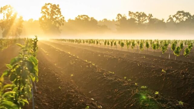 Rows of young trees in a field, bathed in the warm glow of the morning sun, creating a serene agricultural scene.