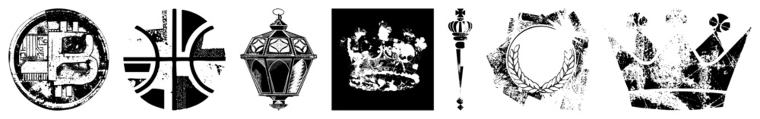 Obraz premium Weathered crown, ornate lantern, distressed emblem, symbolic, vector, graphic set, antique motifs.