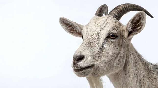 White goat with curved horns gazes softly. Its eyes reflect calm, curious expression. Furry muzzle and ears frame its gentle face. Pure white background emphasizes natural features