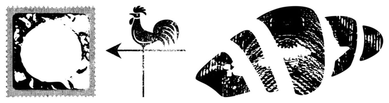 Rooster weather vane pointing left, stylized fish shapes with halftone texture, vector graphic, isolated foreground, rustic design, black and white illustration.