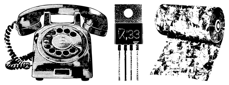 Retro rotary telephone, electronic transistor labeled "7,33", crumpled film reel classic tech in halftone vector art, isolated graphics for design projects.