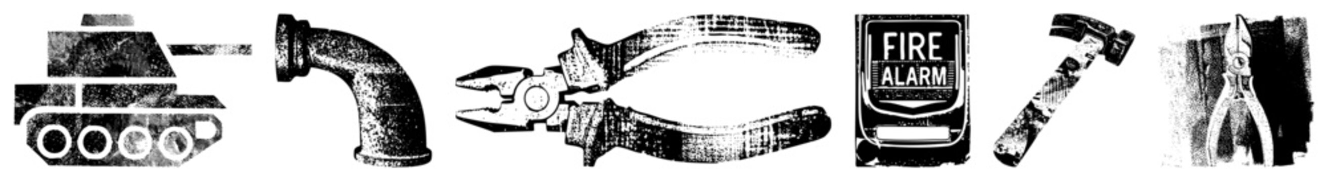 Collection of classic hand tools and industrial symbols, including tank, pipe, pliers, fire alarm, hammer, and wire cutters, rendered in halftone texture.