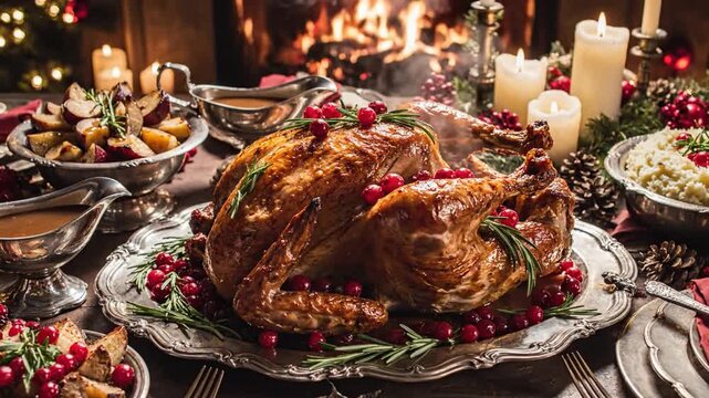 A Perfectly Roasted Golden Brown Turkey Dinner With All The Trimmings Set For A Festive Holiday Feast
