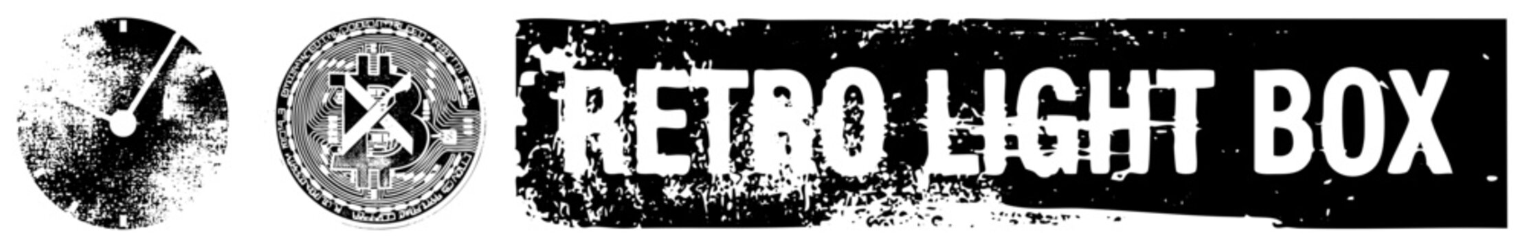 Grunge style clock face, circuit board Bitcoin emblem, distressed &ldquo;RETRO LIGHT BOX&rdquo; typography, vector art, nostalgic tech design.