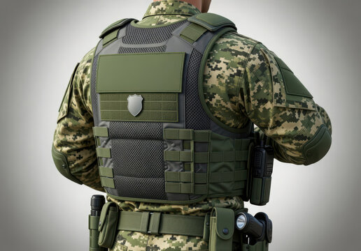 Tactical military vest with camouflage pattern worn by a soldier in a studio setting environment