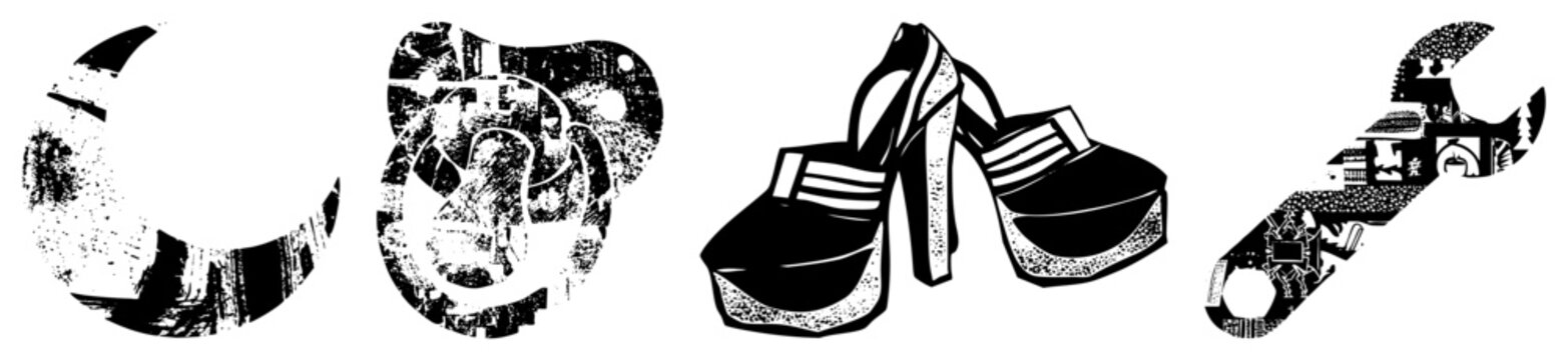 Black and white vector with textured collage style moon, baby pacifier, platform heels, adjustable wrench. Isolated, cutout, rgba.
