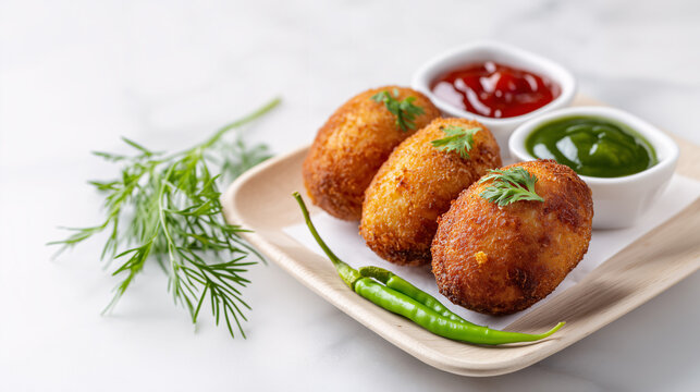 Savory Croquettes Platter: An inviting array of golden-fried croquettes served with vibrant sauces and fresh herbs. A culinary delight, showcasing the textures and flavors.