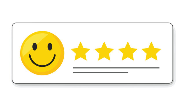 Customer review box displaying a happy smiley face and four out of five stars, representing positive feedback, satisfaction, and high ratings.